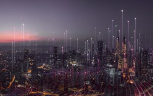 Large city skyline at night with visual effects added