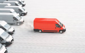 Overhead view of a red van on urgent delivery