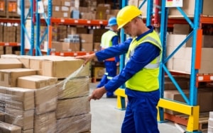 Distribution worker looking over pallet of boxes