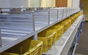 View of letter sorting bins for mail