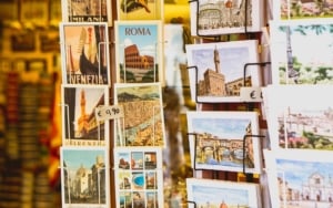 View of various international postcards on rack